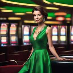 A stylish woman in a glamorous green dress standing in a luxurious casino