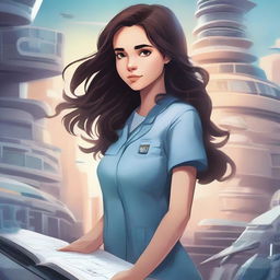 Create an illustration for a book cover featuring a girl with dark, wavy hair and fair skin