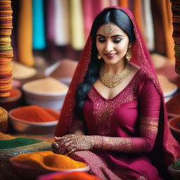 A beautiful Indian woman in traditional attire, with intricate henna designs on her hands, standing in a vibrant marketplace filled with colorful fabrics and spices