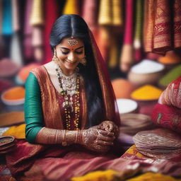 A beautiful Indian woman in traditional attire, with intricate henna designs on her hands, standing in a vibrant marketplace filled with colorful fabrics and spices