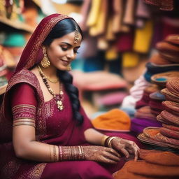 A beautiful Indian woman in traditional attire, with intricate henna designs on her hands, standing in a vibrant marketplace filled with colorful fabrics and spices