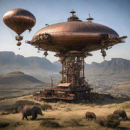 A tableaux of South Africa transformed by steampunk aesthetics, with Cape Town's landscapes interwoven with towering copper structures, wildlife reserves populated by mechanized beasts and exotic airships hovering over the dramatic Drakensberg mountains.