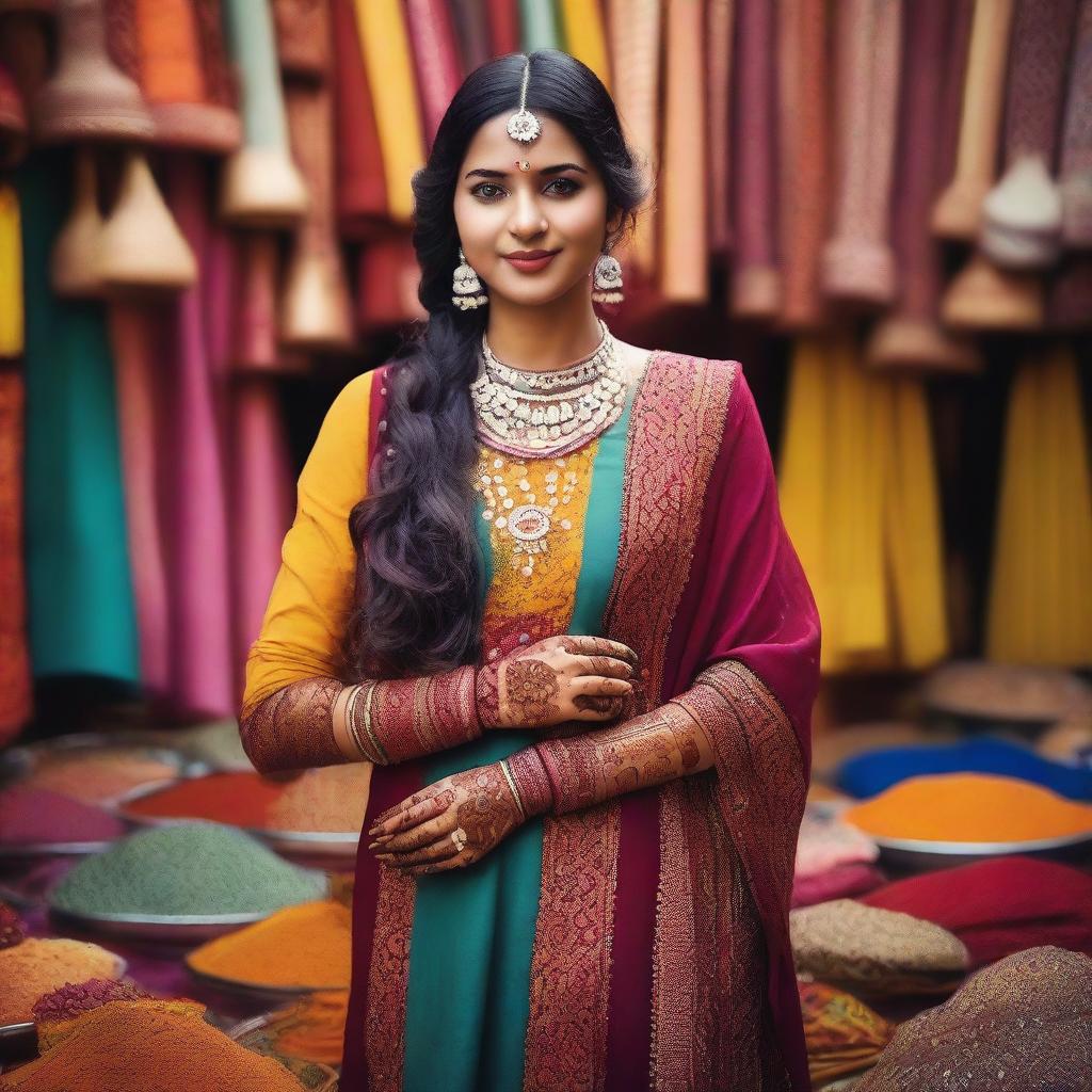 A beautiful Indian woman in traditional attire, with intricate henna designs on her hands, standing in a vibrant marketplace filled with colorful fabrics and spices