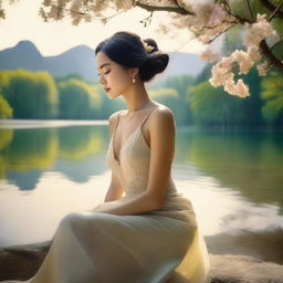 A tasteful and artistic depiction of beautiful women in a serene setting, focusing on elegance and grace