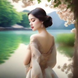 A tasteful and artistic depiction of beautiful women in a serene setting, focusing on elegance and grace