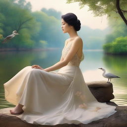 A tasteful and artistic depiction of beautiful women in a serene setting, focusing on elegance and grace