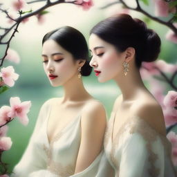 A tasteful and artistic depiction of beautiful women in a serene setting, focusing on elegance and grace