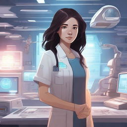 Create an illustration featuring a girl with dark, wavy hair and fair skin, wearing a hospital patient's outfit