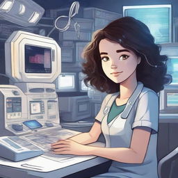 Create an illustration featuring a girl with dark, wavy hair and fair skin, wearing a hospital patient's outfit