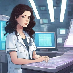 Create an illustration featuring a girl with dark, wavy hair and fair skin, wearing a hospital patient's outfit