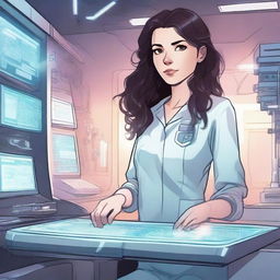 Create an illustration featuring a girl with dark, wavy hair and fair skin, wearing a hospital patient's outfit