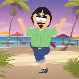 Randy Marsh from South Park dancing joyfully on a sunny beach with golden sand, clear blue waters, and a few palm trees in the background