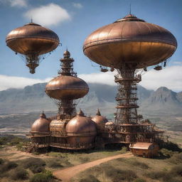 A tableaux of South Africa transformed by steampunk aesthetics, with Cape Town's landscapes interwoven with towering copper structures, wildlife reserves populated by mechanized beasts and exotic airships hovering over the dramatic Drakensberg mountains.