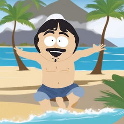 Randy Marsh from South Park dancing joyfully on a sunny beach with golden sand, clear blue waters, and a few palm trees in the background