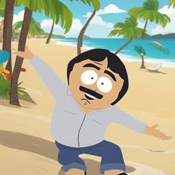 Randy Marsh from South Park dancing joyfully on a sunny beach with golden sand, clear blue waters, and a few palm trees in the background