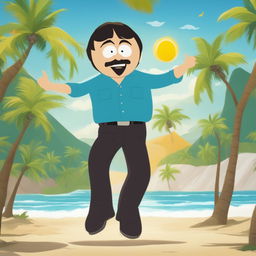 Randy Marsh from South Park dancing joyfully on a sunny beach with golden sand, clear blue waters, and a few palm trees in the background