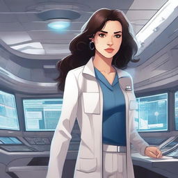 Create an illustration featuring a girl with dark, wavy hair and fair skin, dressed in a patient's outfit