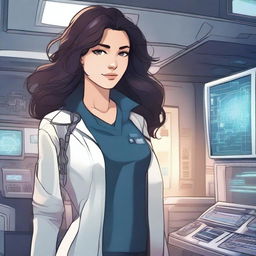 Create an illustration featuring a girl with dark, wavy hair and fair skin, dressed in a patient's outfit