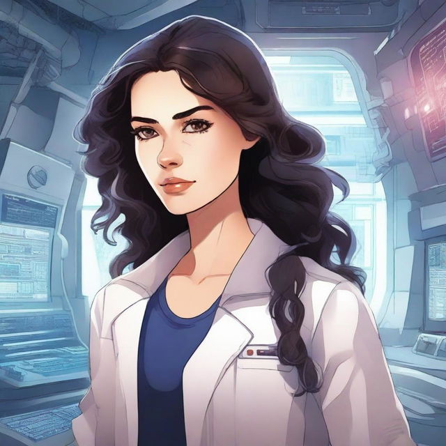 Create an illustration featuring a girl with dark, wavy hair and fair skin, dressed in a patient's outfit