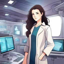 Create an illustration featuring a girl with dark, wavy hair and fair skin, dressed in a patient's outfit