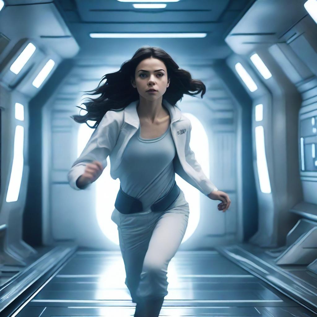 A powerful white girl with dark, wavy hair, dressed in patient clothes, is escaping from a high-tech spaceship