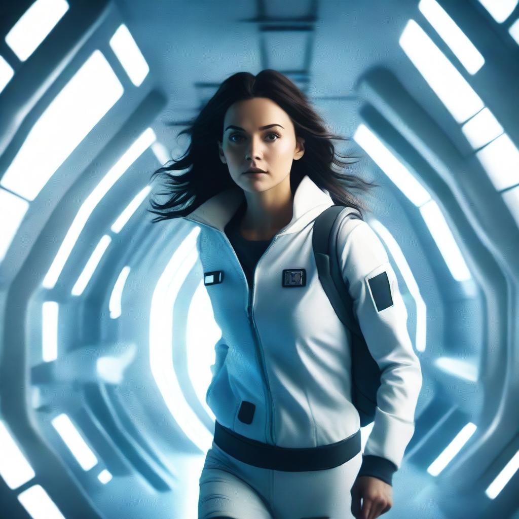 A powerful white girl with dark, wavy hair, dressed in patient clothes, is escaping from a high-tech spaceship