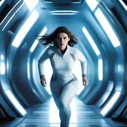 A powerful white girl with dark, wavy hair, dressed in patient clothes, is escaping from a high-tech spaceship