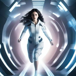 A powerful white girl with dark, wavy hair, dressed in patient clothes, is escaping from a high-tech spaceship