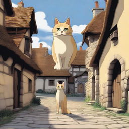 A giant cat terrorizing a small village, with villagers running in fear