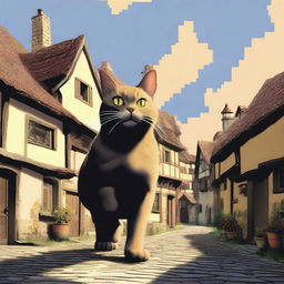 A giant cat terrorizing a small village, with villagers running in fear