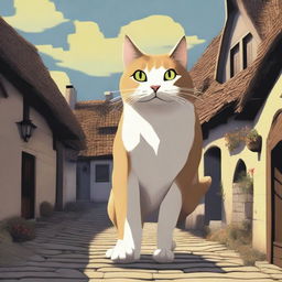 A giant cat terrorizing a small village, with villagers running in fear