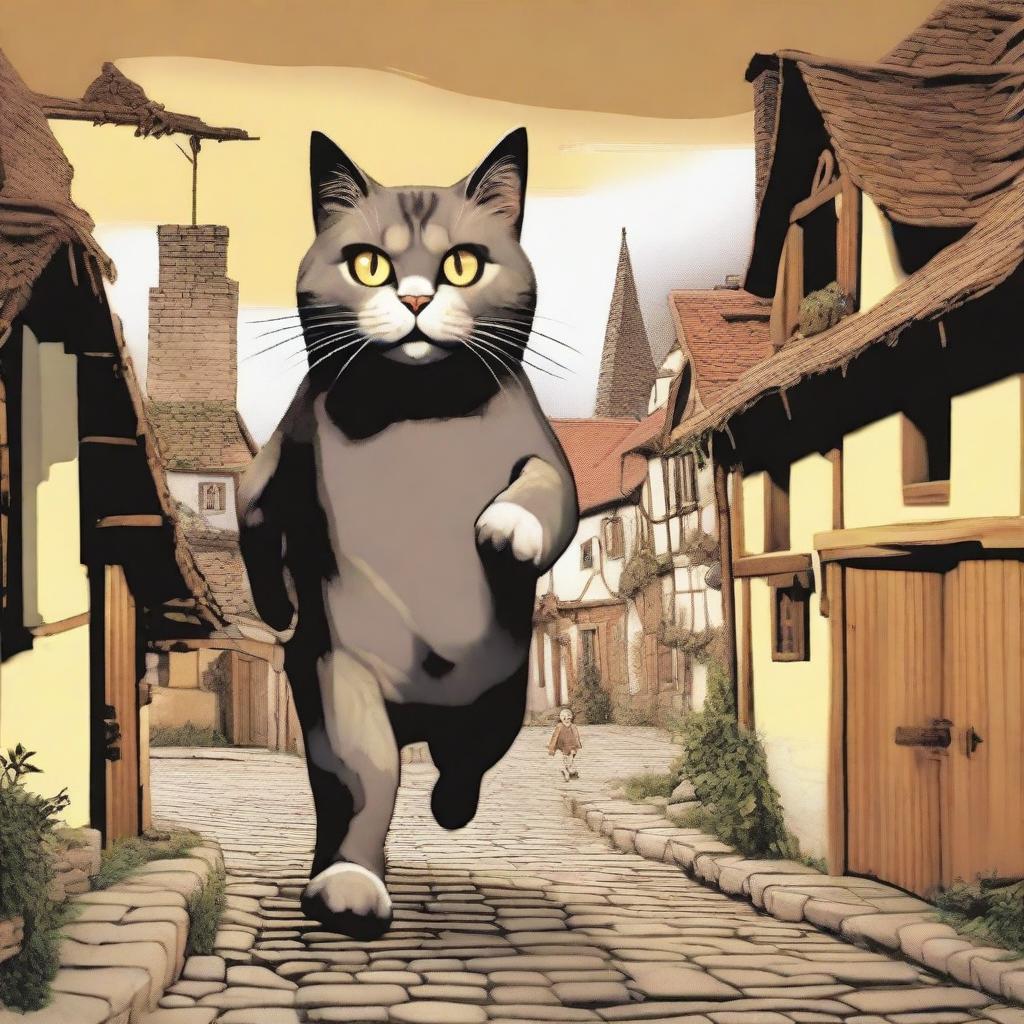 A giant cat terrorizing a small village, with villagers running in fear