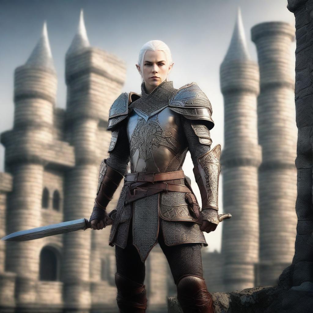 An elven warrior fully armed with a longsword, long bow, and a spear standing in front of a medieval castle