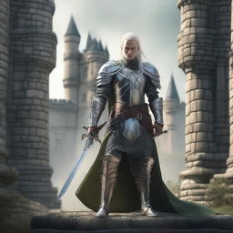 An elven warrior fully armed with a longsword, long bow, and a spear standing in front of a medieval castle