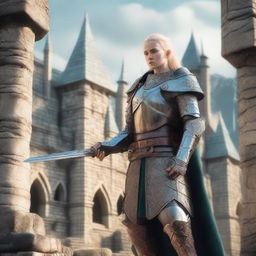 An elven warrior fully armed with a longsword, long bow, and a spear standing in front of a medieval castle