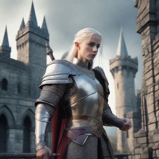 An elven warrior fully armed with a longsword, long bow, and a spear standing in front of a medieval castle