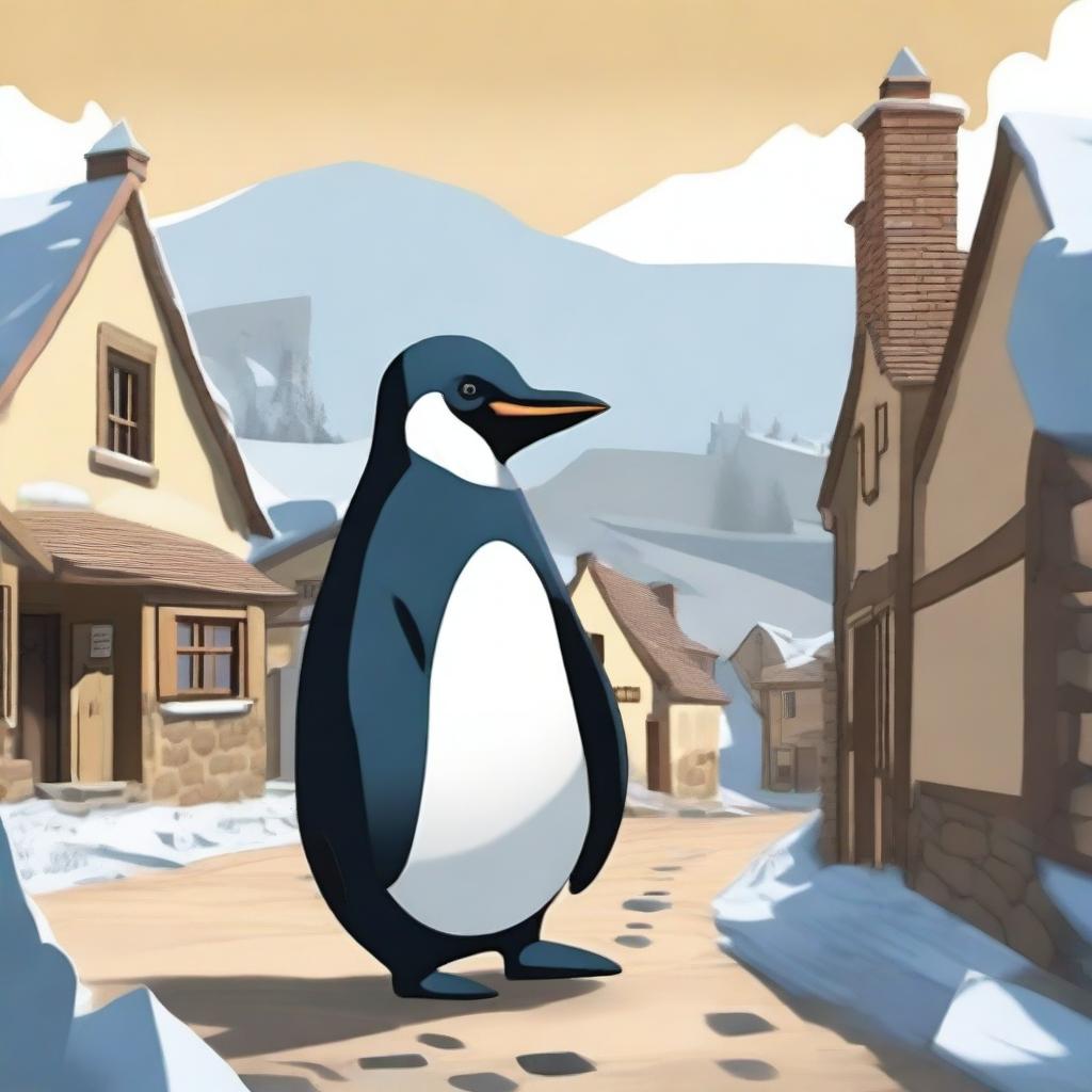 A giant penguin is terrorizing a small village, with villagers running in fear