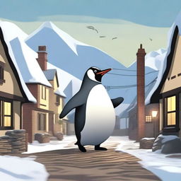 A giant penguin is terrorizing a small village, with villagers running in fear