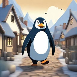 A giant penguin is terrorizing a small village, with villagers running in fear