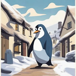 A giant penguin is terrorizing a small village, with villagers running in fear