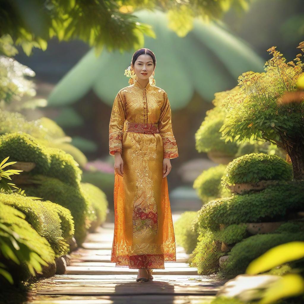 A Javanese female merchant wearing a traditional Javanese dress, strolling in a beautiful garden on a warm morning