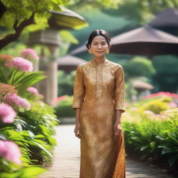 A Javanese female merchant wearing a traditional Javanese dress, strolling in a beautiful garden on a warm morning