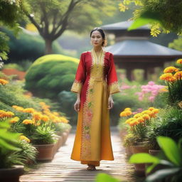 A Javanese female merchant wearing a traditional Javanese dress, strolling in a beautiful garden on a warm morning