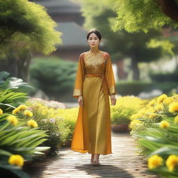 A Javanese female merchant wearing a traditional Javanese dress, strolling in a beautiful garden on a warm morning