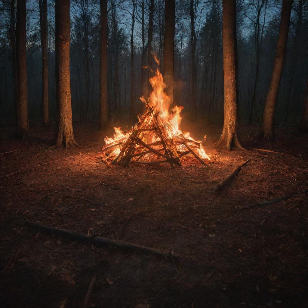 A fierce bonfire lighting up the night forest, with a large, detailed pentagram etched on the ground nearby, bathed in flickering firelight.