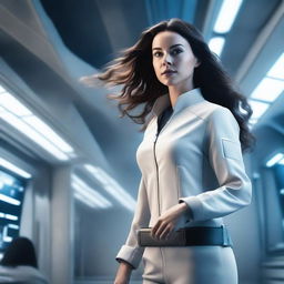 A powerful white girl with dark, wavy hair, dressed in patient clothes, is escaping from a high-tech spaceship