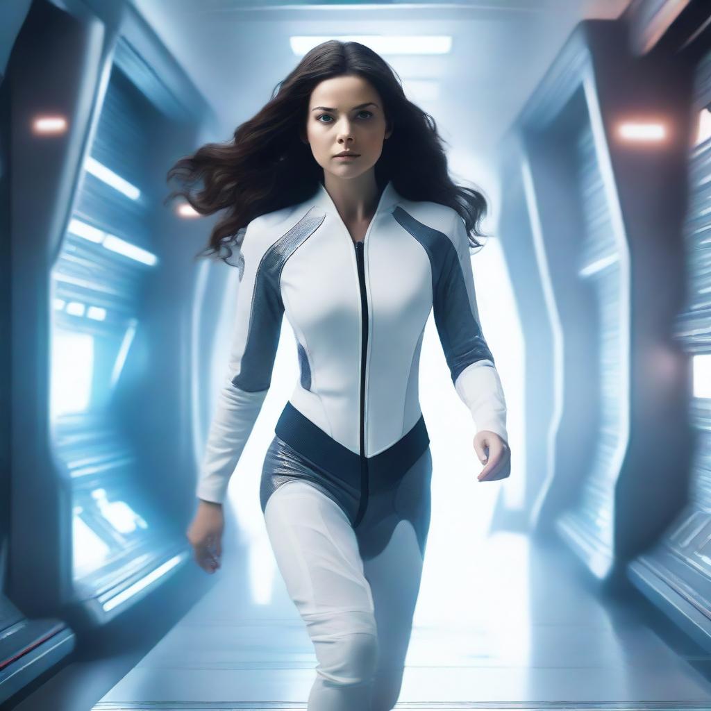 A powerful white girl with dark, wavy hair, dressed in patient clothes, is escaping from a high-tech spaceship