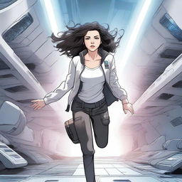 An illustration of a powerful white girl with dark, wavy hair, dressed in patient clothes, escaping from a high-tech spaceship