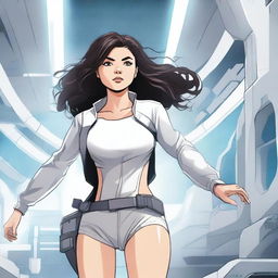 An illustration of a powerful white girl with dark, wavy hair, dressed in patient clothes, escaping from a high-tech spaceship