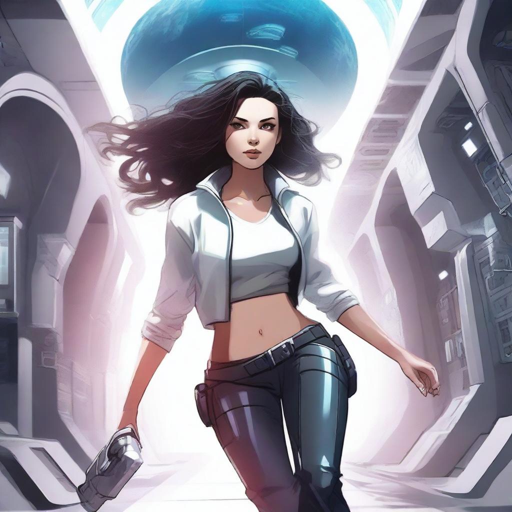 An illustration of a powerful white girl with dark, wavy hair, dressed in patient clothes, escaping from a high-tech spaceship